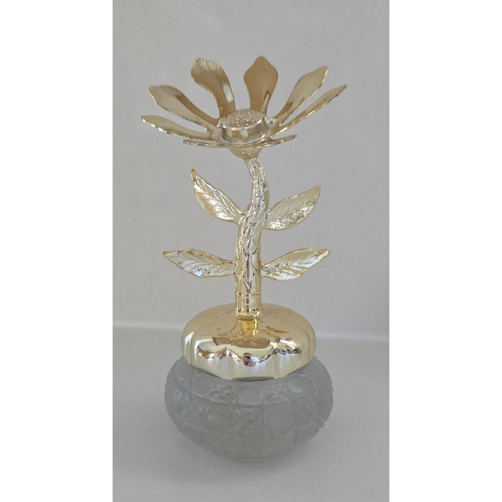 Vintage Avon Keepsake Frosted Glass Jar Gold Flower Lid Cream Sachet Collectible